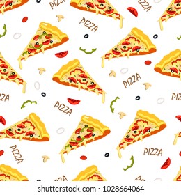 Seamless vector pattern with slices of pizza and ingredients around on a white background. An appetizing pattern.