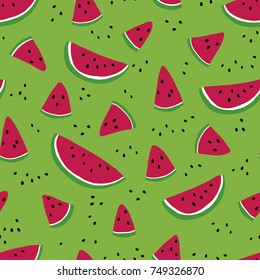 Seamless vector pattern with slices of watermelon on bright green background