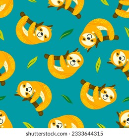 
Seamless vector pattern with a sloth on a tree and leaves in a minimalist style in bright colors for a print on clothes, a t-shirt, a website background, a texture, a textile, a pet store, a pet mark