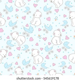 Seamless vector pattern. Small bears and prams on the boy blue background with hearts and polka dots. 