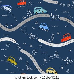 Seamless vector pattern with small cars and road signs on dark blue background