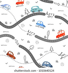 Seamless vector pattern with small cars and road signs on white background