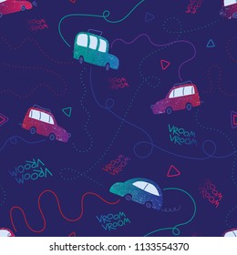 Seamless vector pattern with small cars and routes on dark blue background