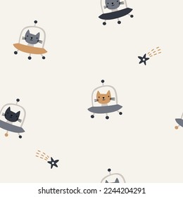 Seamless vector pattern with small cat in UFO on milk background. Creative hand drawn textures. Vector illustration.