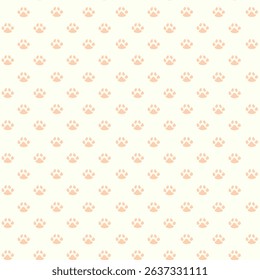 Seamless vector pattern of small, charming peach paw prints on a clean cream background. Perfect for baby decor, textiles, wrapping paper and digital backgrounds.