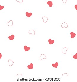Seamless vector pattern with small cute hearts, full color and outline, romantic relationship theme.