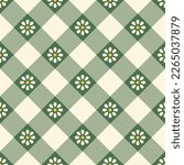 Seamless vector pattern with small daisy flowers for spring summer in green, yellow, off white. Seamless geometric gingham vichy tartan check plaid for dress, tablecloth, other modern fabric print.