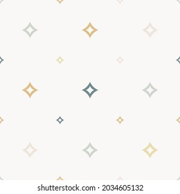 Seamless Vector Pattern With Small Diamond Rhombuses, Shaped And Stars. Abstract White, Gold, Teal Geo Texture. Simple Minimal Repeat Background. Subtle Kids Design For Wallpaper, Fabric, Decor, Wrap