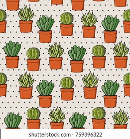 Seamless vector pattern. Small different cactus in the jars pattern on the tender light background