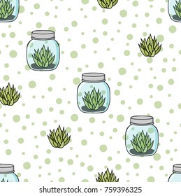 Seamless vector pattern. Small different cactus in the jars pattern on the tender light background