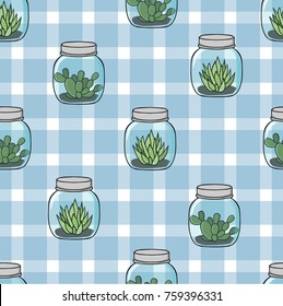 Seamless vector pattern. Small different cactus in the jars pattern on the tender light background