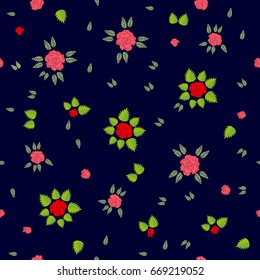 Seamless vector pattern with small falling roses and leaves on black background. Vintage textile collection.