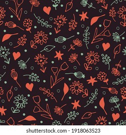 Seamless vector pattern with small flowers on dark brown background. Simple vintage floral wallpaper design. Romantic summer meadow fashion textile.