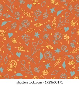 Seamless vector pattern with small flowers on orange background. Simple hand drawn floral wallpaper design. Summer meadow fashion textile.