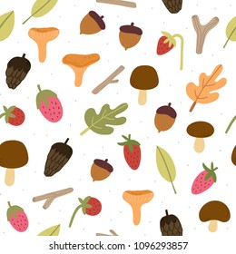 Seamless vector pattern with small forest things: Leafs, Mushrooms, Strawberries, Wands, Acorns. Cute cartoon seasonal background.