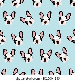 
Seamless vector pattern with small French bulldogs on a blue background. For the design of textiles, web, fabric, paper.
