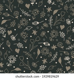 Seamless vector pattern with small grey flowers on dark green background. Simple hand drawn floral wallpaper design. Decorative  summer meadow fashion textile.