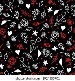 Seamless vector pattern with small hand drawn flowers on black background. Simple floral wallpaper design. Decorative vintage fashion textile.