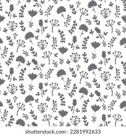 Seamless vector pattern with small hand drawn ditsy flowers. Retro print with silhouettes of tulips, daisies, herbs, plants, leaves