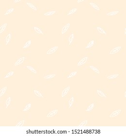 Seamless vector pattern of small hand-drawn white leaves falling on pale pink background.