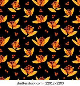 Seamless vector pattern with small orange flowers on a black background. Design for interior, fabric, paper