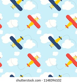 Seamless vector pattern with small planes and clouds. Colorful background with flying airplanes in sky.