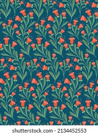 Patrón vectorial sin foco con flores rojas pequeñas en tallos con ornamentos folclóricos sobre fondo azul. Textura con arreglo floral con ornamentos ingenuos. Nave natural con decoración nacional