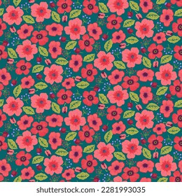 Seamless vector pattern with small red ditsy flowers. Retro print with poppies, anemones, herbs, plants, leaves. Spring summer background