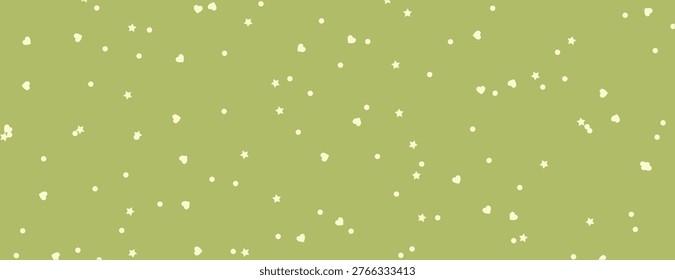 Seamless vector pattern with small white hearts and stars scattered on a light green background, creating a whimsical and playful design.