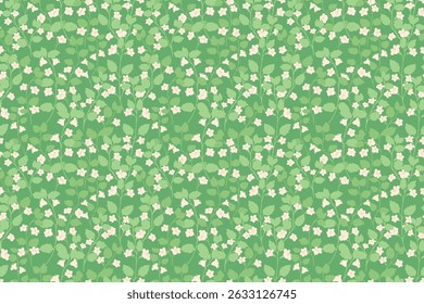 Seamless vector pattern with small  wildflowers and tiny greenery leaves on a green background. Elegant and minimal floral design perfect for fabric, stationery, packaging, digital projects