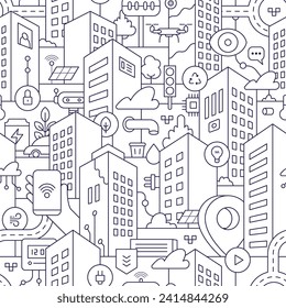 A seamless vector pattern of a smart city that integrates various technologies and data-driven solutions. Light-themed background