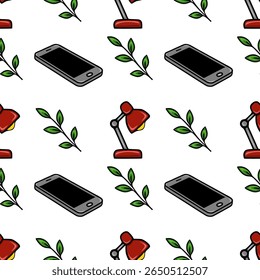 Seamless vector pattern of smartphones, red table lamps, and green leaves, creating a minimalist and modern office design.