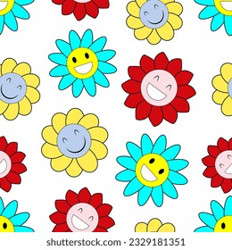 Seamless vector pattern of smiley flowers isolated on white background for printing on children's clothing, wrapping paper, bed linen, websites