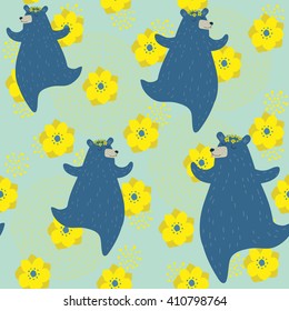 Seamless vector pattern with smiling bears and bright yellow flowers