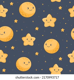 Seamless vector pattern. Smiling moon and stars. Cute children's cartoon background. Night Space. 