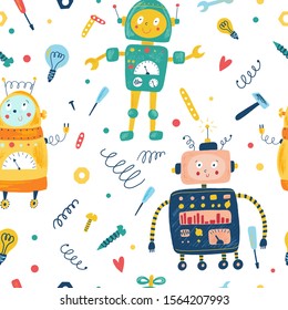 Seamless vector pattern. Smiling toy robot in cartoon flat style. Hand drawn robot and tools in white background. Kids illustration. Retro character for boys. Transformer, android, cyborg for children