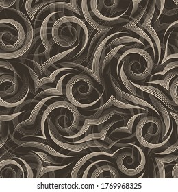 Seamless vector pattern of smooth lines drawn by beige pen in the form of spirals and curls isolated on a brown background. Print for clothes or paper