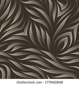 Seamless vector pattern of smooth lines drawn by a beige pen on a brown background. Print for clothes or paper