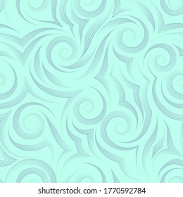 Seamless vector pattern of smooth lines drawn by a turquoise handle in the form of spirals and curls on a sea background. Print for fabric or paper