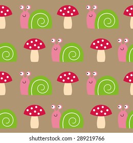 Seamless vector pattern with snails and mushrooms