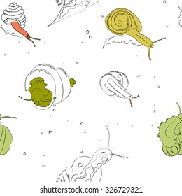 Seamless vector pattern snails and shells. Isolated on white background. Color on a white background.