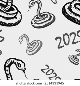Seamless vector pattern with snakes, the animal symbol of 2025. Simple doodle style. Grid	