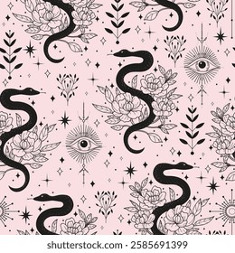 Seamless vector pattern with snakes, eyes, flowers, and plants. Pastel color witchy mystical background.