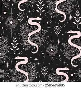 Seamless vector pattern with snakes, eyes, flowers, and stars. Pastel color witchy mystical background.