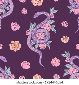 Seamless vector pattern of snakes and flowers. Background for greeting card, website, printing on fabric, gift wrap, postcard and wallpapers. 