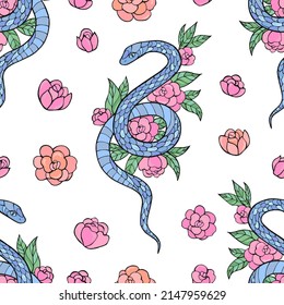Seamless vector pattern of snakes and flowers. Background for greeting card, website, printing on fabric, gift wrap, postcard and wallpapers. 