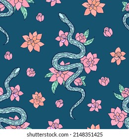 Seamless vector pattern of snakes and flowers. Background for greeting card, website, printing on fabric, gift wrap, postcard and wallpapers. 
