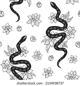 Seamless vector pattern of snakes and flowers. Background for greeting card, website, printing on fabric, gift wrap, postcard and wallpapers. 