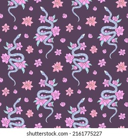 Seamless vector pattern of snakes and flowers. Background for greeting card, website, printing on fabric, gift wrap, postcard and wallpapers. 