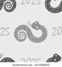 Seamless vector pattern with snakes in the form of 8 or infinity, the animal symbol of 2025. Simple doodle style. Grid